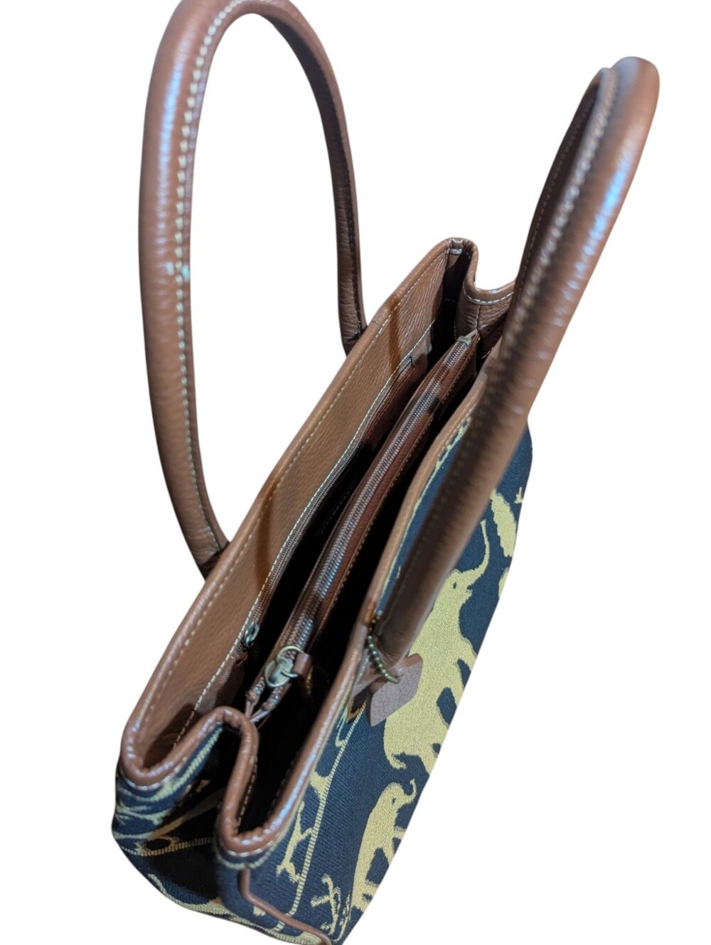 J McLaughlin Brown & Black Elephant Pattern Safarib Tapestry Tote Satchel Bag - Picture 4 of 11